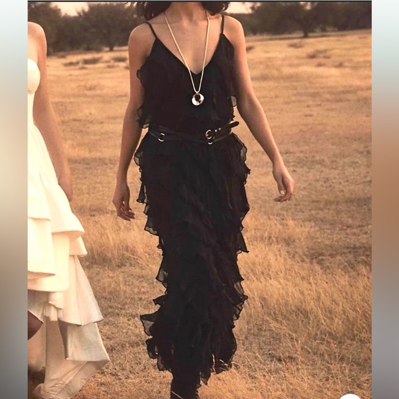 BHLDN Jia Bias Cut Lace Ruffled V-Neck Gown NEW Size 4 Black Dress Anthropologie